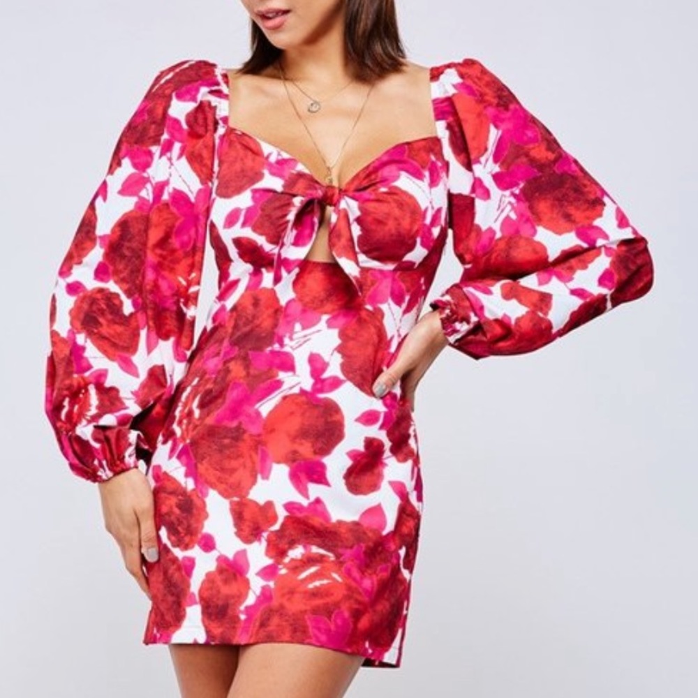 Abstract Floral Puff Sleeve Dress